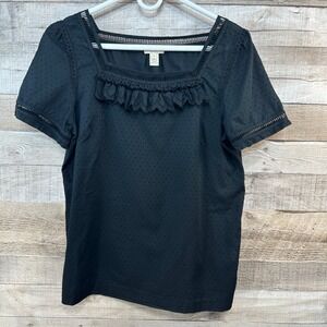 J.Crew Womens Black Swiss Dot Ruffle Square Neck Cotton Blouse Top  Size 12